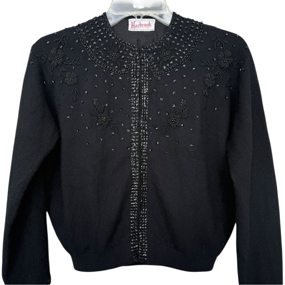Vintage 60s Floral Beaded Wool Cardigan Sweater Size Small Black Harbrook